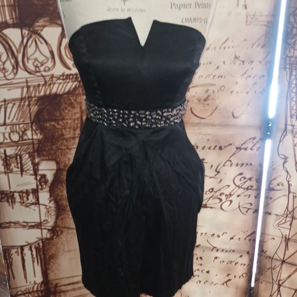 Jodi Kristopher Black Strapless Dress with Embellished Waist